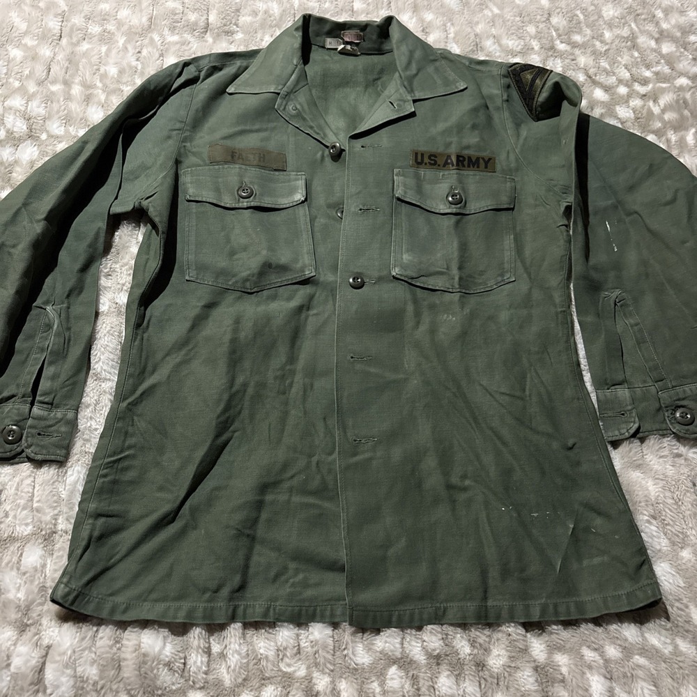 Vintage US Army OG 107 Sateen Utility Shirt Men's Large Green 60's Vietnam Era